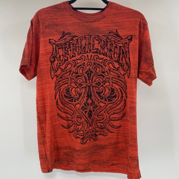 Affliction Graphic T Shirt Mens Medium Red Black Gothic Cross Space Dye Y2K MMA - Picture 2 of 9